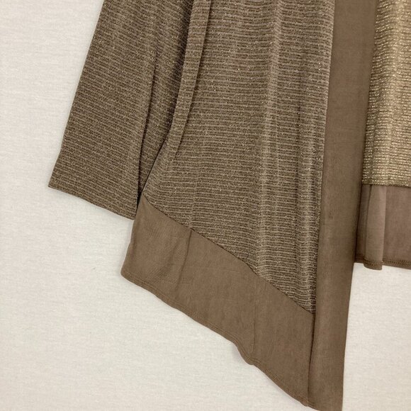 Chico’s Travelers Brown Slinky Knit Open Front Draped Metallic Cardigan Large/2 - Picture 3 of 9
